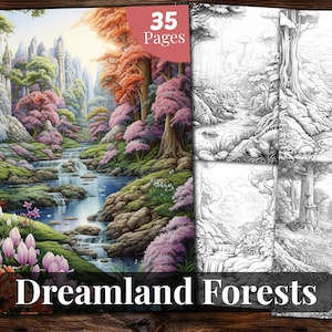 Traumland Wälder Malbuch, 35 Malseiten, für Erwachsene und Kinder, Graustufen Malbuch, printable PDF