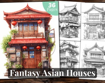 Asian Houses Coloring Book, 36 Coloring Pages, for Adults and for Kids coloring, Grayscale Coloring Book, Printable PDF