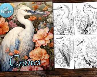 Cranes and Flowers Grayscale Coloring Book: Fantasy Bird Art (PDF)