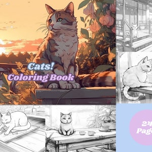 Cute Cat Coloring Pages Book, Grayscale coloring, Adults & kids, Instant Download, Printable PDF, cats coloring book