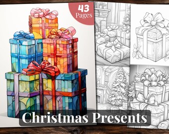 Christmas Presents Coloring Book: 43 Grayscale Pages (Printable PDF)