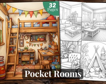 Libro da colorare Pocket Rooms: 32 pagine in scala di grigi (PDF stampabile)
