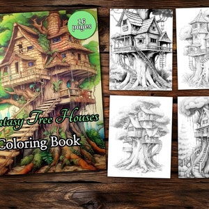 Fantasy Treehouse Coloring Book: Grayscale Illustrations (PDF Download)