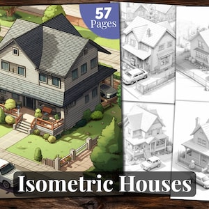 Isometric Houses Coloring Book, 57 Coloring Pages, for Adults and for Kids coloring, Grayscale Coloring Book, Printable PDF