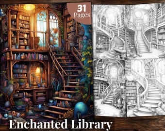 Enchanted Library Coloring Book: Fantasy Grayscale Pages (PDF Download)