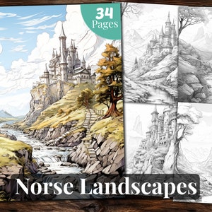 Nordische Landschaften Malbuch, 34 Malseiten, zum Ausmalen für Erwachsene und zum Kinder färben, Graustufen Malbuch, printable PDF