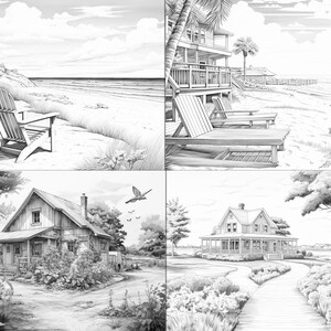 May include: A black and white illustration depicting four different scenes of beach houses. The first scene shows a beach with a chair and a wooden walkway. The second scene shows a beach house with a porch and deck chairs. The third scene shows a small house with a porch and a garden. The fourth scene shows a larger house with a porch and a path leading to the house.