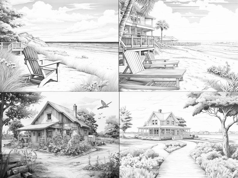 May include: A black and white illustration depicting four different scenes of beach houses. The first scene shows a beach with a chair and a wooden walkway. The second scene shows a beach house with a porch and deck chairs. The third scene shows a small house with a porch and a garden. The fourth scene shows a larger house with a porch and a path leading to the house.