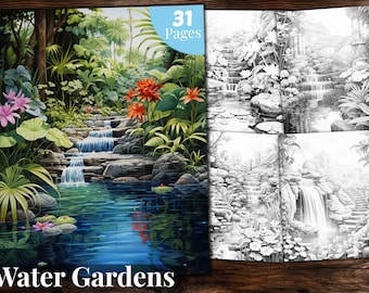 Water Garden Coloring Book: 31 Grayscale Pages for Adults & Kids (Printable PDF)