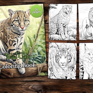野生の猫のぬり絵、ファンタジーぬり絵、大人のぬり絵、グレースケールのぬり絵、動物のぬり絵