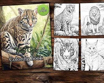 Wild Cats Coloring Page Book, Fantasy Coloring Book, Adult coloring book, Grayscale Coloring Page, Animal Coloring page