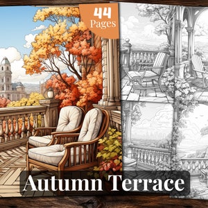 Autumn Terrace Coloring Book, 44  Coloring Pages, for Adults and for Kids coloring, Grayscale Coloring Book, Printable PDF