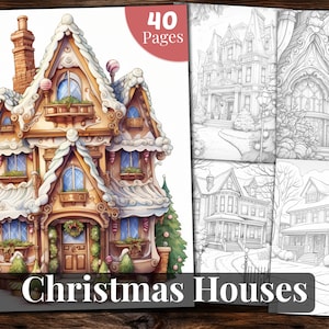May include: A Christmas-themed coloring book with 40 pages. The cover features a detailed, watercolor illustration of a gingerbread house with snow-covered roof and candy cane accents. Inside, various house designs are ready to be colored.