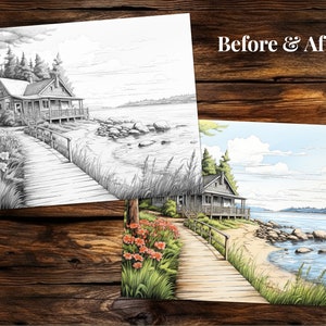 May include: A black and white line drawing of a lakeside cabin with a wooden walkway leading to it. The drawing is on a white background. The image is labelled "Before & After". The second image shows the same scene in colour, with a blue sky, green trees, and a sandy beach.