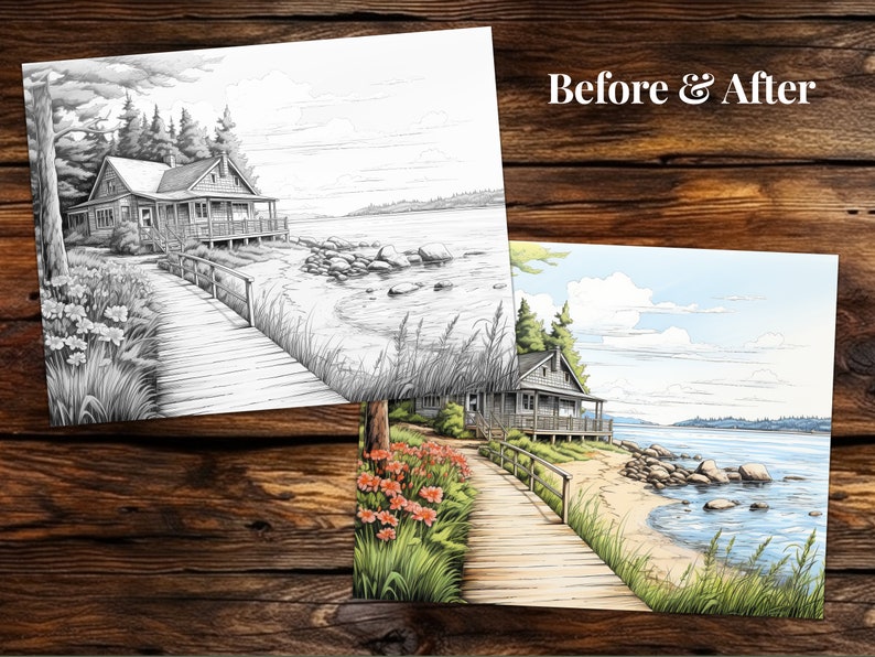 May include: A black and white line drawing of a lakeside cabin with a wooden walkway leading to it. The drawing is on a white background. The image is labelled "Before & After". The second image shows the same scene in colour, with a blue sky, green trees, and a sandy beach.