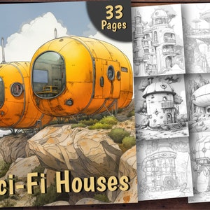 Sci-Fi Houses Coloring Book, 33 Coloring Pages, For Adults and Kids, Grayscale Coloring Book, Printable PDF