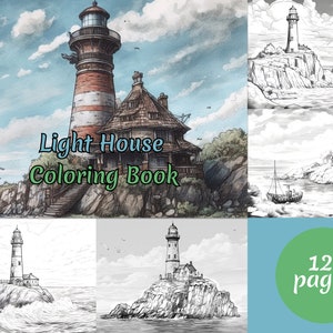 Lighthouse Coloring Page Book, Grayscale coloring, Adults & kids, Instant Download, Printable PDF