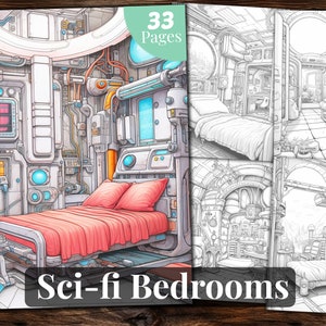 Sci-fi Bedrooms Coloring Book, 33 Coloring Pages, for Adults and for Kids coloring, Grayscale Coloring Book, Printable PDF