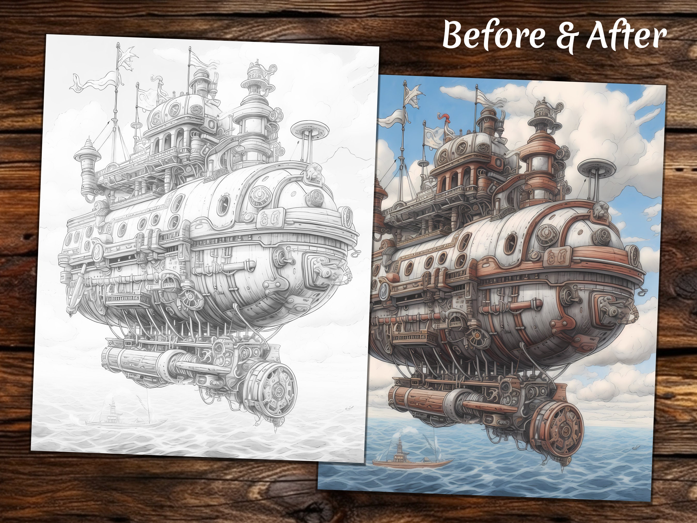 Steampunk Airships Coloring Page Book Fantasy Coloring Book Etsy