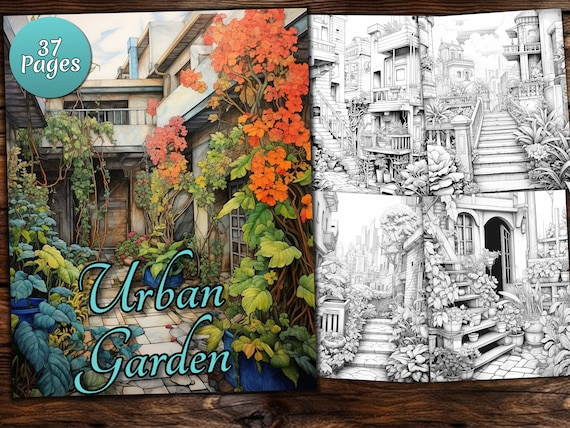 Urban Garden Coloring Book: Grayscale Cityscapes (PDF Download)