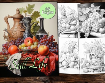 Still Life Coloring Page Book, Fantasy Coloring Book, Adult coloring book, Grayscale Coloring Page