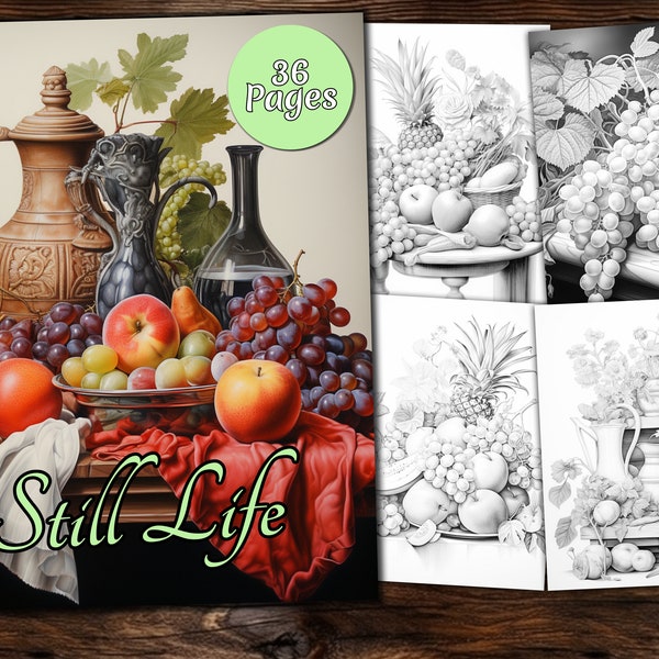 Still Life Coloring Page Book, Fantasy Coloring Book, Adult coloring book, Grayscale Coloring Page