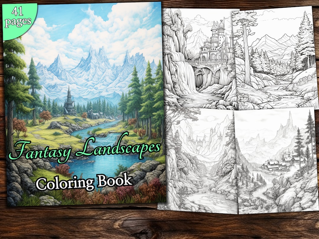 Fantasy Landscapes Coloring Page Book, Fantasy Coloring Book, Adult ...