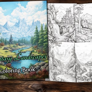 Fantasie Landschaften Malbuch, Fantasy Malbuch, Erwachsene Malbuch, Graustufen Malseite, Fantasy Malseite