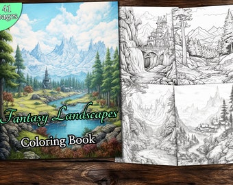 Fantasy Landscapes Coloring Page Book, Fantasy Coloring Book, Adult coloring book, Grayscale Coloring Page, Fantasy Coloring page