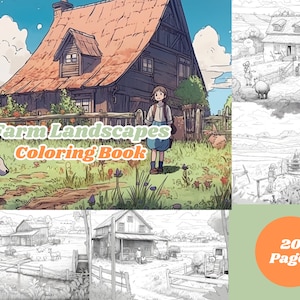Farm Landscapes Page Book, Fantasy Coloring Book, Adult coloring book, Grayscale Coloring Page, Printable PDF, Farm Coloring page