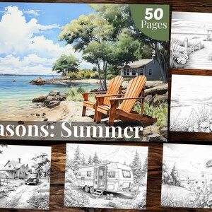 May include: A colouring book with 50 pages featuring summer scenes. The cover shows a colourful illustration of a lake with a house and two chairs on the shore. The title "Seasons: Summer" is displayed below the image.