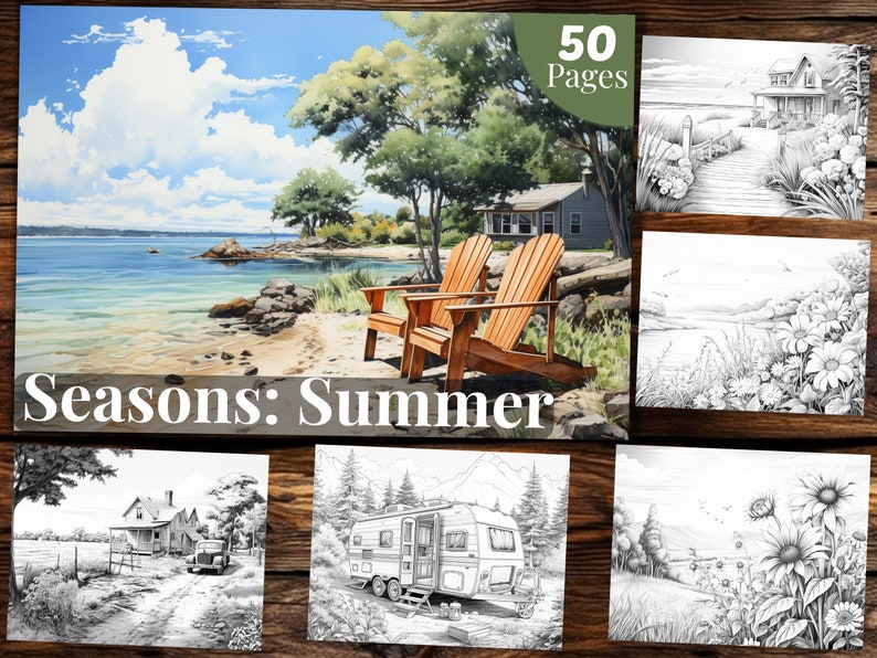 May include: A colouring book with 50 pages featuring summer scenes. The cover shows a colourful illustration of a lake with a house and two chairs on the shore. The title "Seasons: Summer" is displayed below the image.