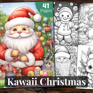 Kawaii Christmas Coloring Book, 41 Coloring Pages, For Adults and Kids, Grayscale Coloring Book, Printable PDF