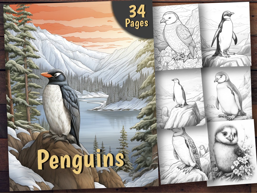 Penguins Coloring Book, 34 Coloring Pages, for Adults and Kids ...