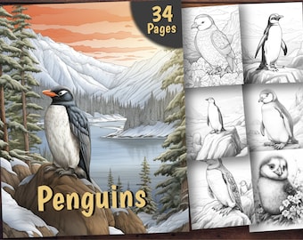 Penguins Coloring Book, 34 Coloring Pages, For Adults and Kids, Grayscale Coloring Book, Printable PDF