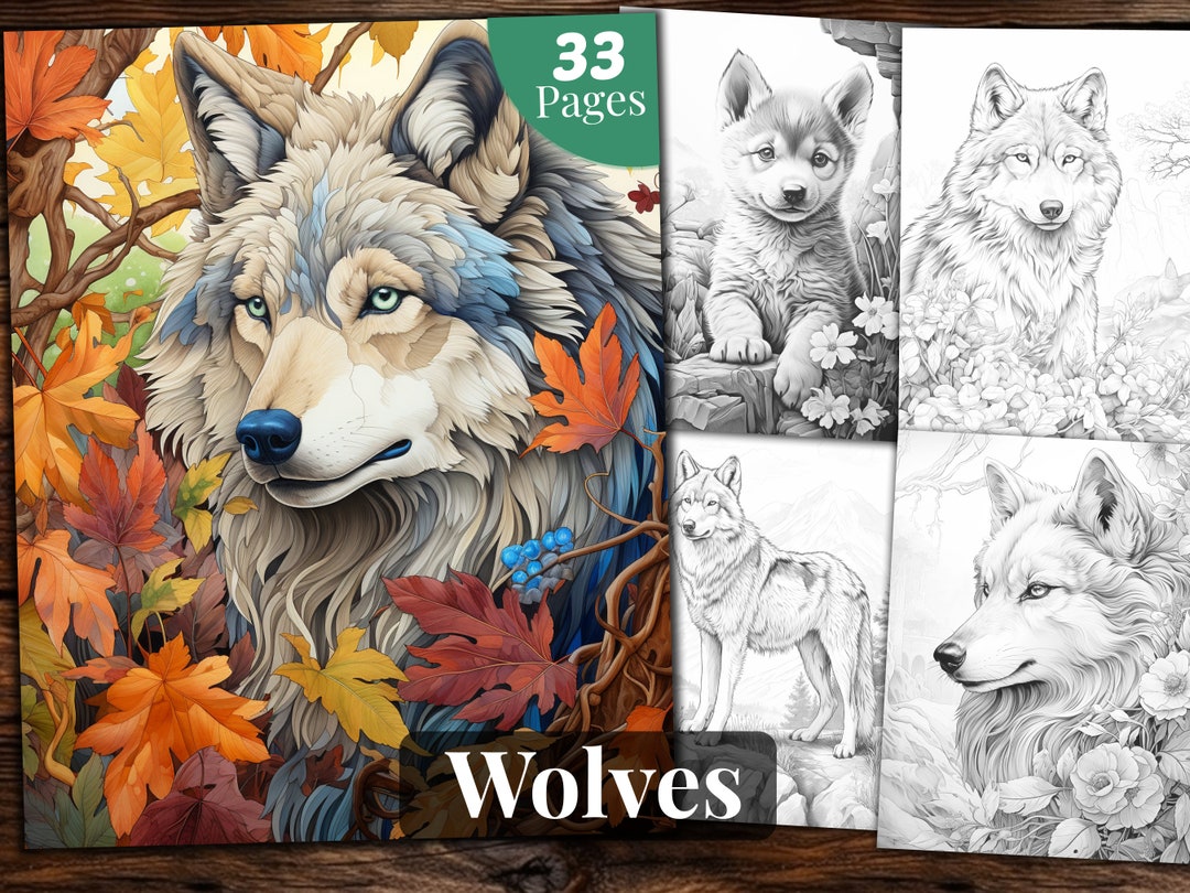 Wolves Coloring Book, 33 Coloring Pages, for Adults and Kids, Grayscale