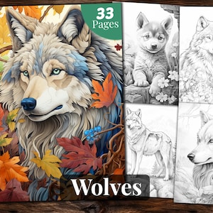 Wolves Grayscale Coloring Book: 33 Printable Pages (PDF)