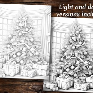 May include: A black and white illustration of a Christmas tree decorated with ornaments, bows, and ribbon. The tree is surrounded by wrapped presents.