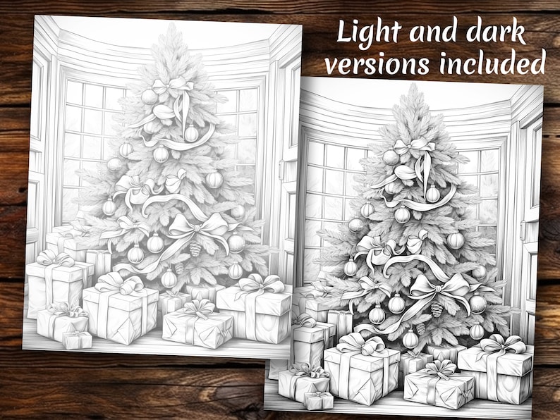 May include: A black and white illustration of a Christmas tree decorated with ornaments, bows, and ribbon. The tree is surrounded by wrapped presents.