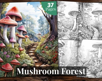 Mushroom Forest Coloring Book: 37 Grayscale Pages (Printable PDF)