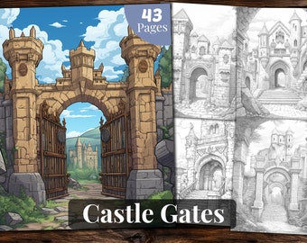 Castle Gates Coloring Book: 43 Grayscale Pages (Printable PDF)