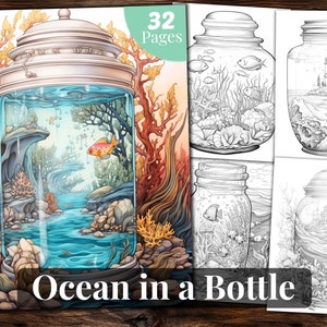 Ocean in a Bottle Coloring Book, 32 Coloring Pages, for Adults and for Kids coloring, Grayscale Coloring Book, Printable PDF