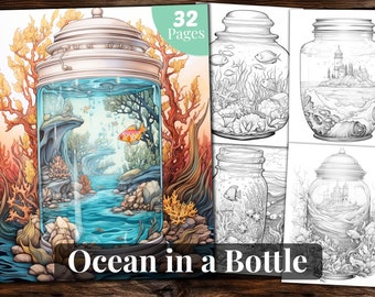 Ocean in a Bottle Coloring Book, 32 Coloring Pages, for Adults and for Kids coloring, Grayscale Coloring Book, Printable PDF