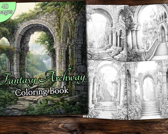 Fantasy Archways Coloring Page Book, Fantasy Coloring Book, Adult coloring book, Grayscale Coloring Page, Fantasy Coloring page