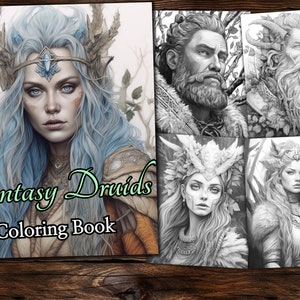 May include: A coloring book featuring fantasy druids. The cover shows a woman with blue hair and a crown of leaves, surrounded by foliage. The title "Fantasy Druids Coloring Book" is printed below the image. The book has 30 pages.