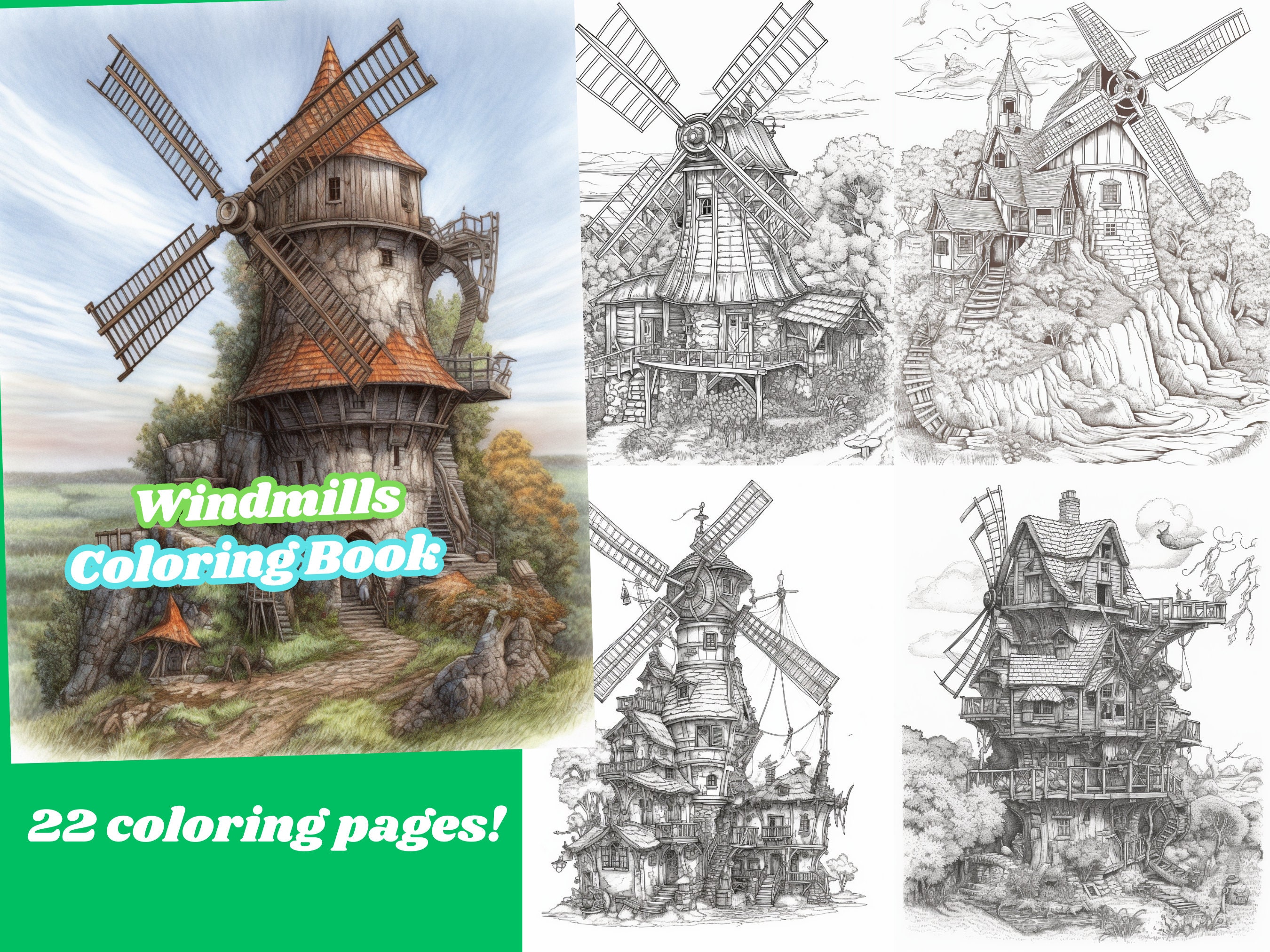Windmill Coloring Book, Adults & kids, Instant Download, Grayscale Coloring book, Printable PDF