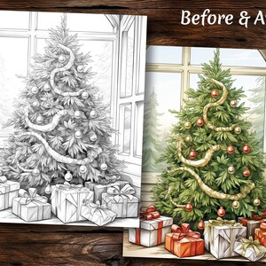 May include: A green Christmas tree decorated with gold garland and red ornaments sits in front of a window.  Wrapped presents with red and white ribbon are under the tree.
