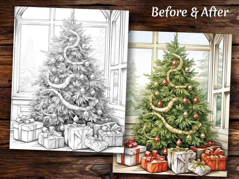 May include: A green Christmas tree decorated with gold garland and red ornaments sits in front of a window.  Wrapped presents with red and white ribbon are under the tree.
