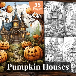 Pumpkin Houses Coloring Book, 35 Coloring Pages, for Adults and for Kids coloring, Grayscale Coloring Book, Printable PDF