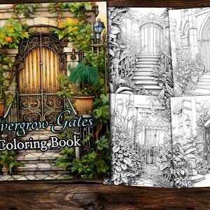Overgrown Gateway Coloring Page Book, Fantasy Coloring Book, Adult coloring book, Grayscale Coloring Page, Landscape Coloring page
